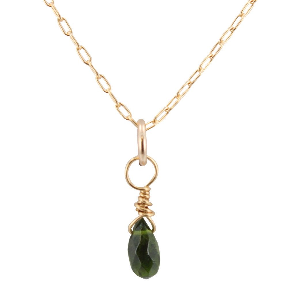 Dainty Green Chrome Diopside Briolette Necklace on Gold Filled Chain, #6589-yg