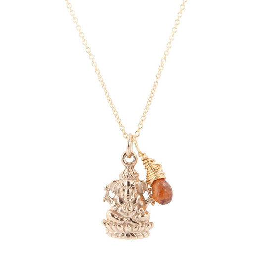 Bronze Ganesh Necklace with Sapphire Briolette, #6853-brz