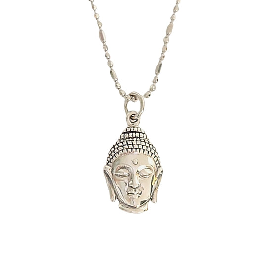 Double Sided Buddha Head Pendant in Sterling Silver on 18" or 20" Rhodium Plated Sterling Bead Bar Chain, #7379