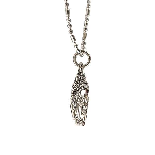 Double Sided Buddha Head Pendant in Sterling Silver on 18" or 20" Rhodium Plated Sterling Bead Bar Chain, #7379