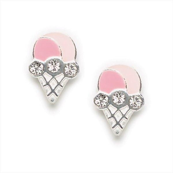 Children's Cute Little Pink Enamel Ice Cream Cone Earrings with Swarovski Crystals, #7146