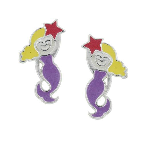 Children's Tiny Enamel Mermaid Post Stud Earrings in Sterling Silver, #6766