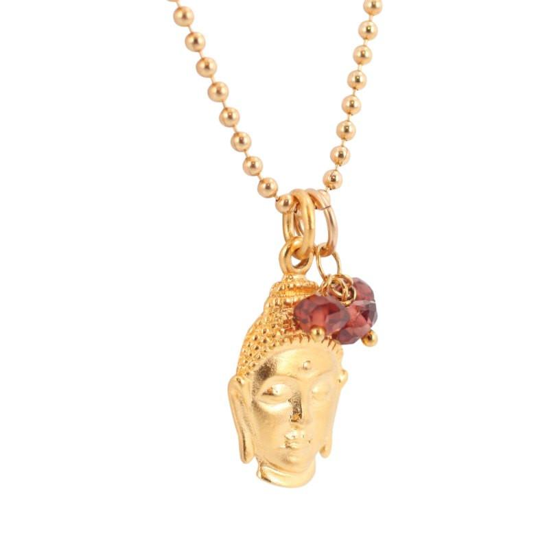 Buddha Necklace with Garnet Gemstones in 24k Gold Plated Bronze, #7034-yg