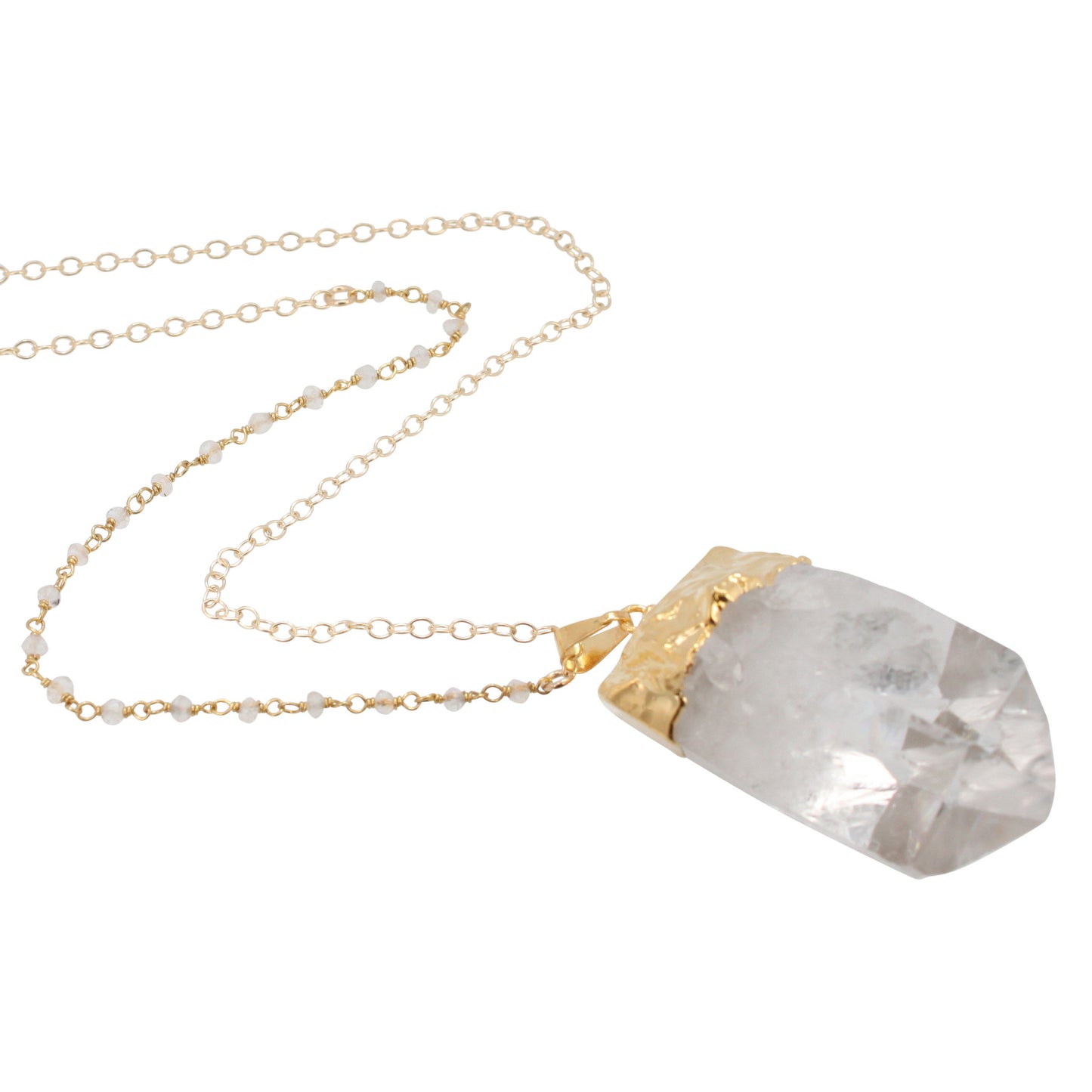 Clear Quartz Necklace on a 30" Moonstone and Cable Chain, #6305-yg