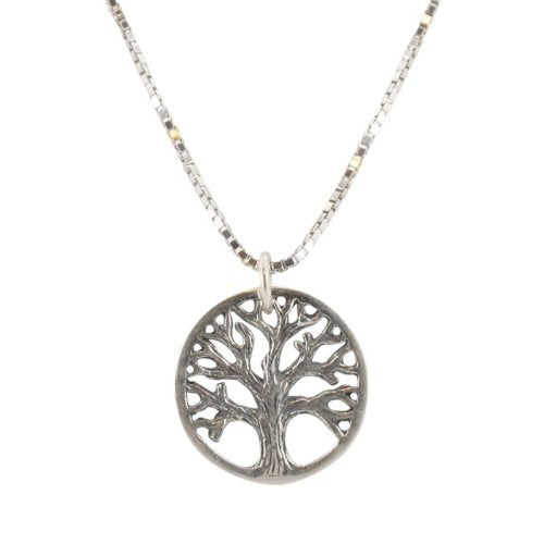 Round Cut Out Design Small Tree of Life Pendant in Sterling Silver on an 18" Rhodium box Chain Necklace, #7023