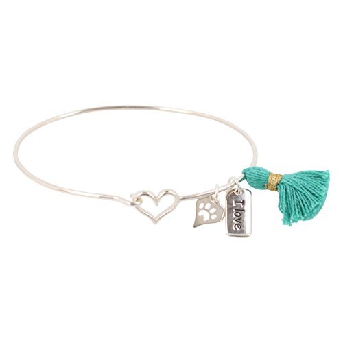 Dog Lovers Sterling Silver Bangle with I Love Dogs & Pawprint Heart Charm & Teal Tassel #6599