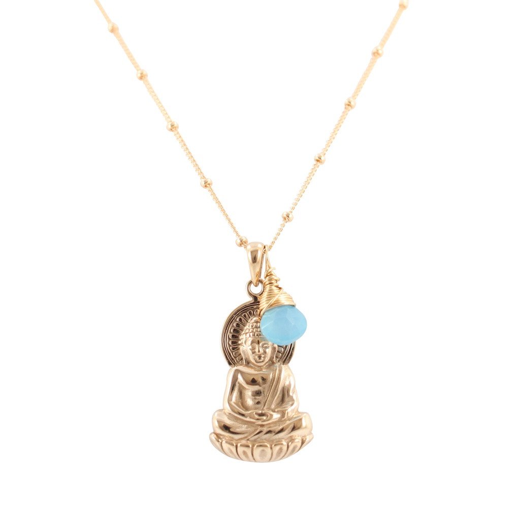 Bronze Buddha Necklace with Blue Chalcedony Briolette, #6848-brz