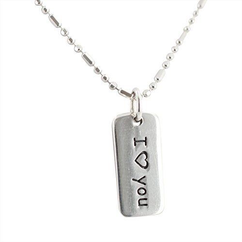 I Love You Engraved Word Pendant Necklace in Sterling Silver on a 18" Rhodium Plated 3 Bead + 1 Bar Chain, for Teen Girls or Women, #6983