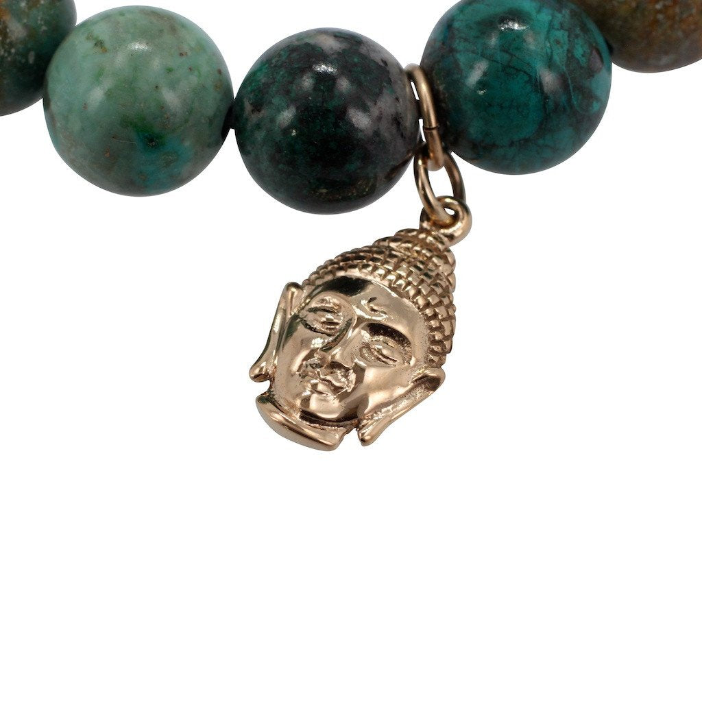 12mm Chrysocolla Energy Bracelet with Bronze Buddha Head Charm, #6947