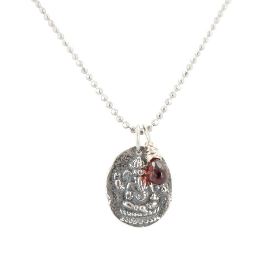 Ancient Ganesh Coin Necklace with Garnet Briolette, #6841-ss