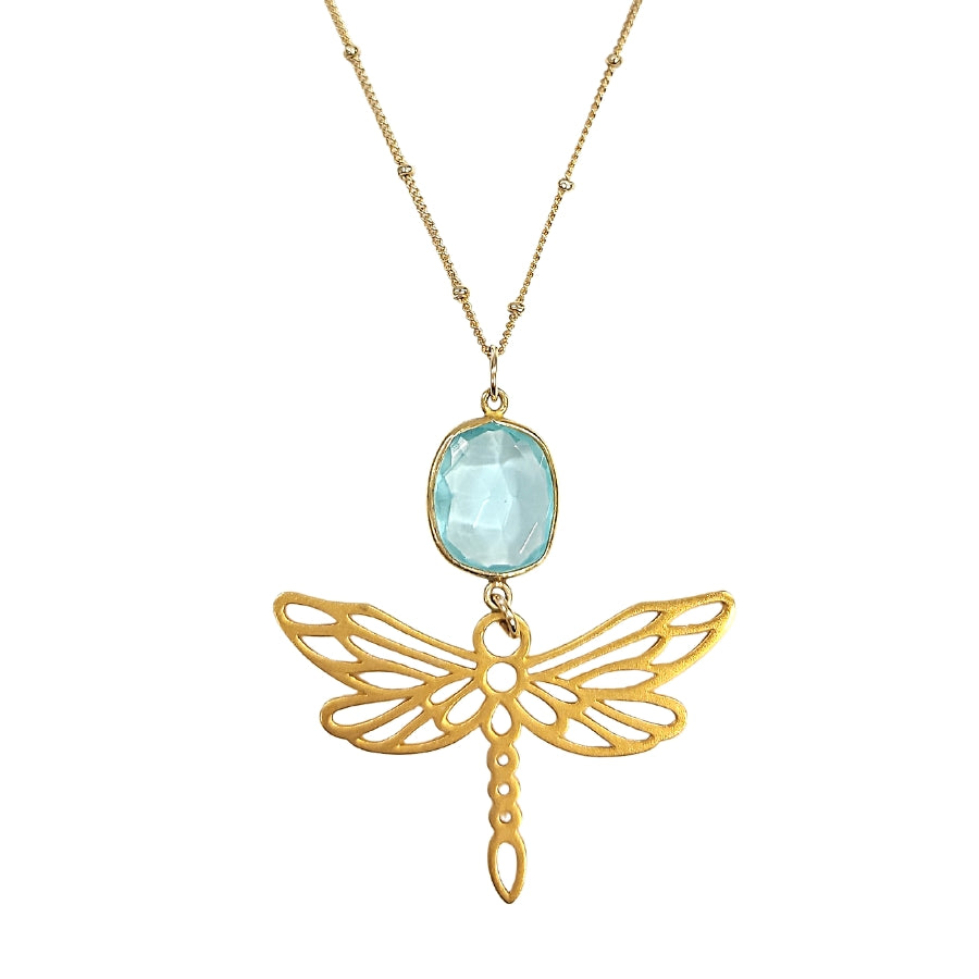 NEW ITEM! Limited Edition Dragonfly and Blue Quartz 12K Gold Filled Pendant on a 16" - 20" Adjustable Saturn Chain #7709