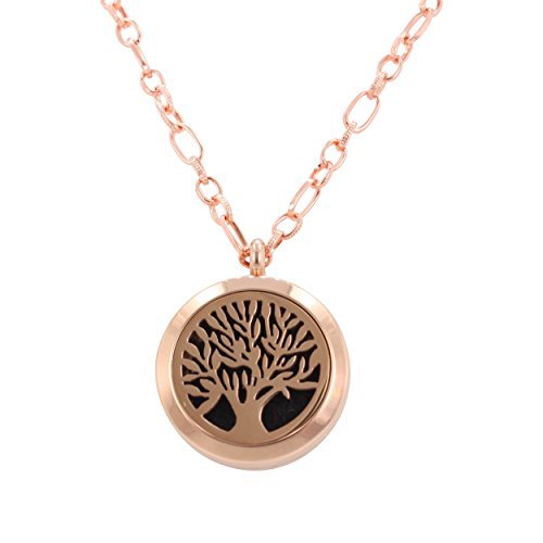 Aromatherapy Small Tree Essential Oil Diffuser Locket Necklace or Car Air Freshener in Rose Gold Stainless Steel, #6377