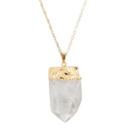 Clear Quartz Necklace on a 30" Moonstone and Cable Chain, #6305-yg