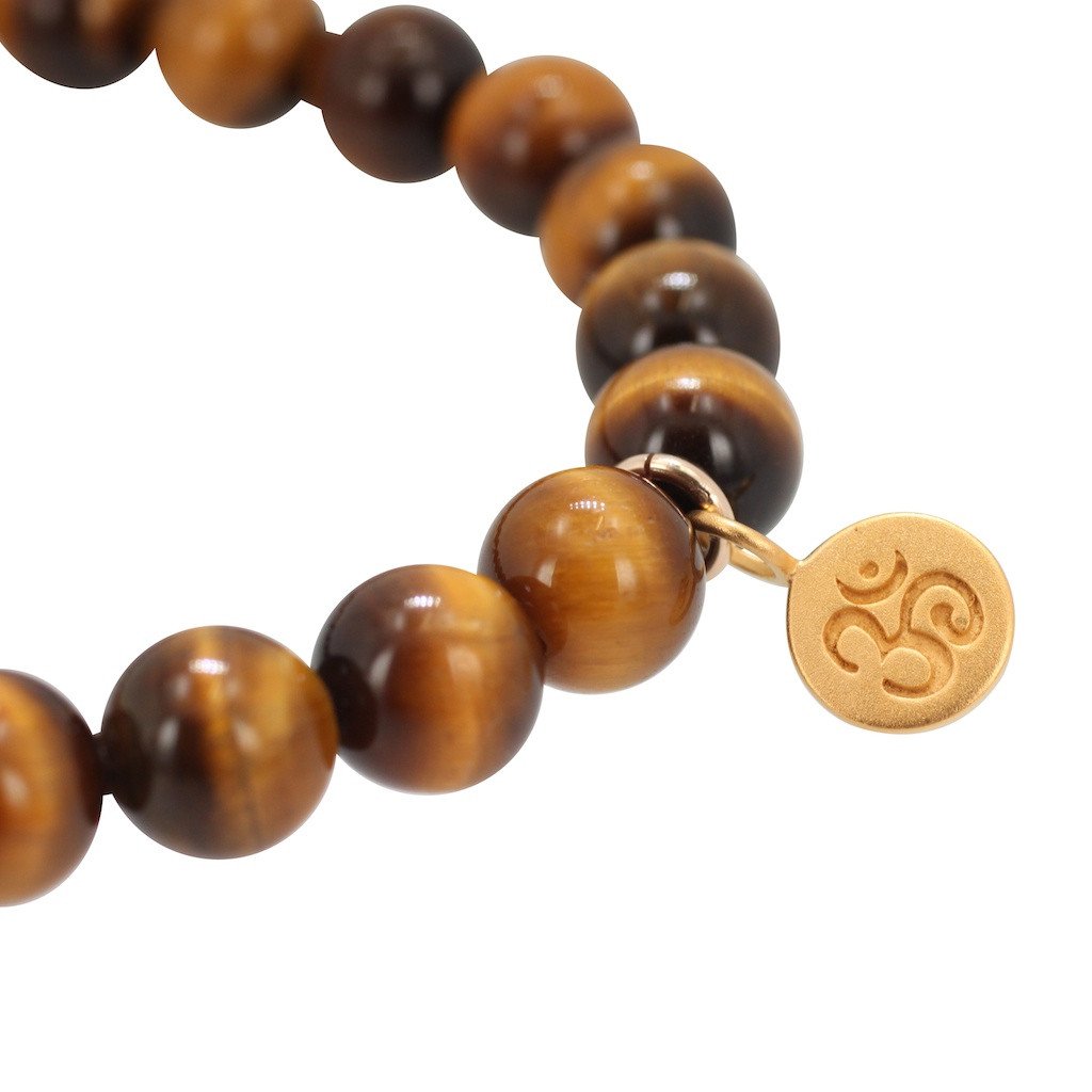 Balancing and Abundance - 8mm Tiger Eye Bracelet with Gold Om Charm, #6671