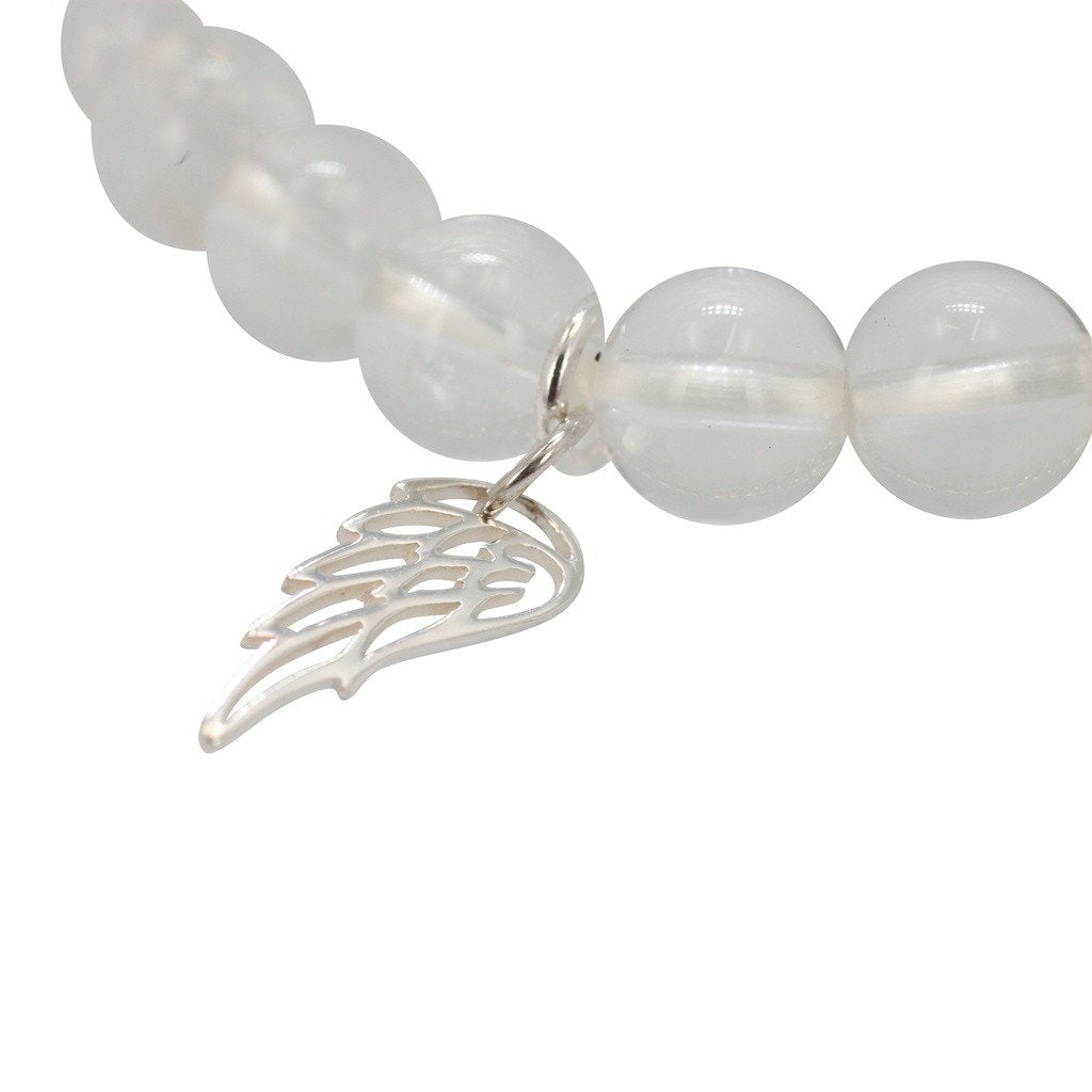 Angel Wing Healing Bracelet - 8mm Crystal Quartz Bracelet, #6658