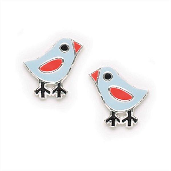 Happy Little Enamel Blue Bird Earrings for Adults or Children in Sterling Silver, #7140S