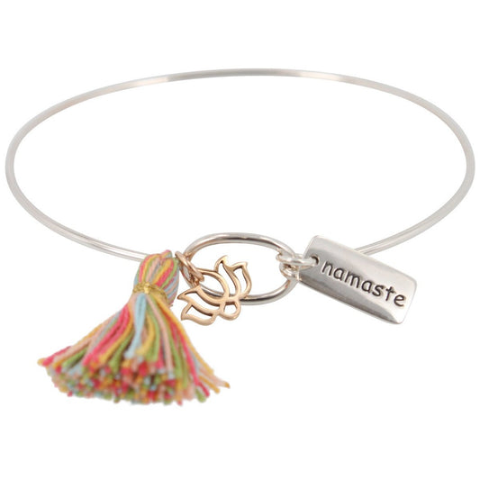 Bangle Bracelet with Namaste, Lotus, & Tassel Charms, #6597-ss