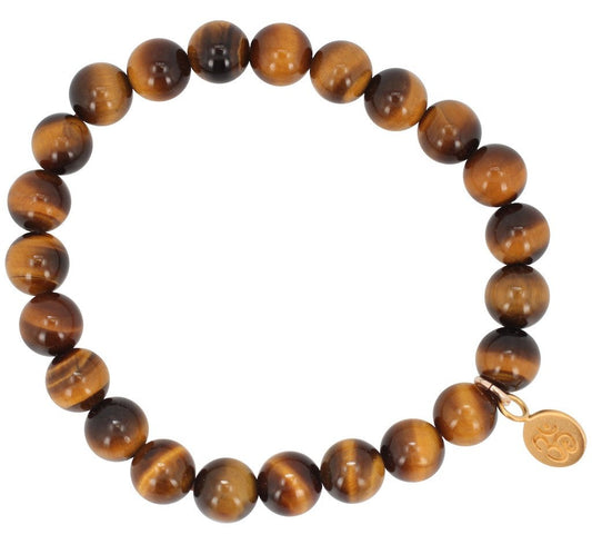 Balancing and Abundance - 8mm Tiger Eye Bracelet with Gold Om Charm, #6671