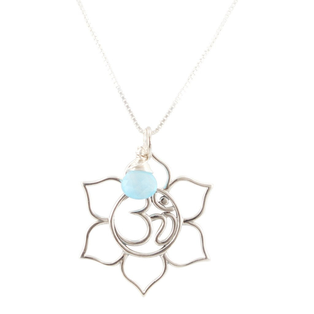 Flower and Om Necklace with Blue Chalcedony, #6846-ss