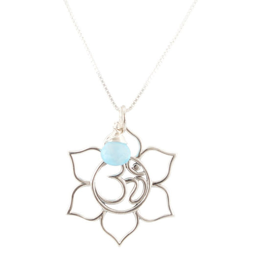 Flower and Om Necklace with Blue Chalcedony, #6846-ss