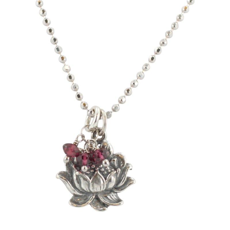 Detailed Lotus Necklace with Garnet Gemstones in Sterling Silver, #7022-ss